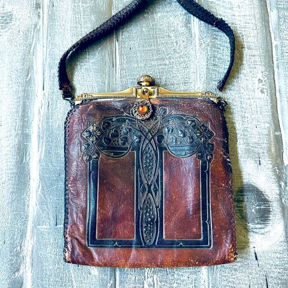 Amity Vintage Antique Leather Tooled Wallet Pouch Bag